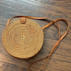 Round Woven Rattan Tan Crossbody Bag